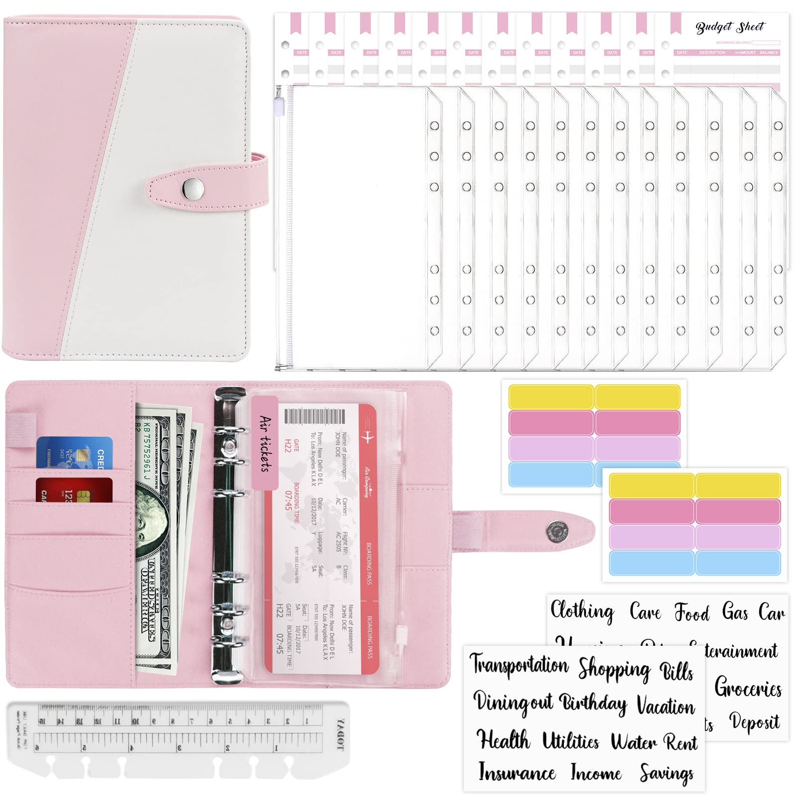 Mlife Budget Binder, 30Pcs A6 Ring Binder Set with Zipper Envelopes, Budget Sheets, Label Stickers, Pink+White