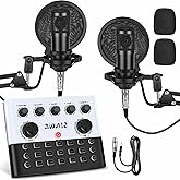 Podcast Equipment Bundle for 2, F993 All-in-One Audio mixer | Live Sound Card Audio Mixer and 2 Condenser Microphone for PC and Smartphone for Singing, Streaming Content Creation