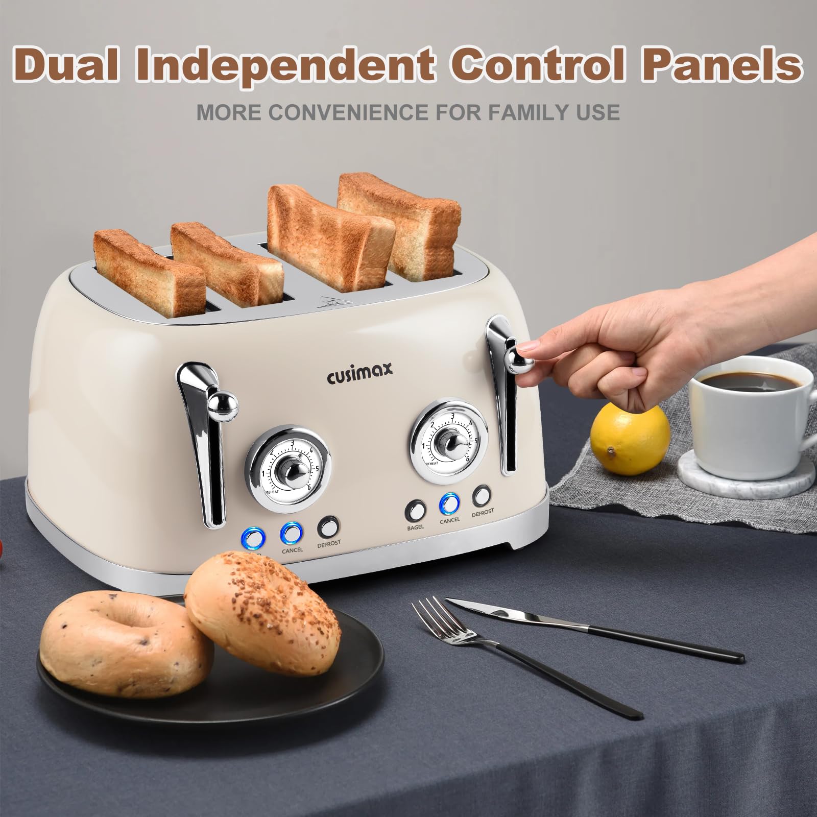 CUSIMAX Tostadora 4 Rebanadas, Tostadora Retro con Ranuras Anchas para Bagels, Tostadora de Acero Inoxidable con 6 Configuraciones de Tostado, Bagel, Cancelar, Descongelar y Recalentar Funciones, Paneles de Control Independientes Dobles, Crema