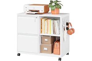 LISSIMO Metal File Cabinet,Lockable Lateral Filing Cabinet for Letter/A4 Size Files,Rolling Printer Stand with Adjustable Shelf & Lockable Wheelss for Home Office(White)