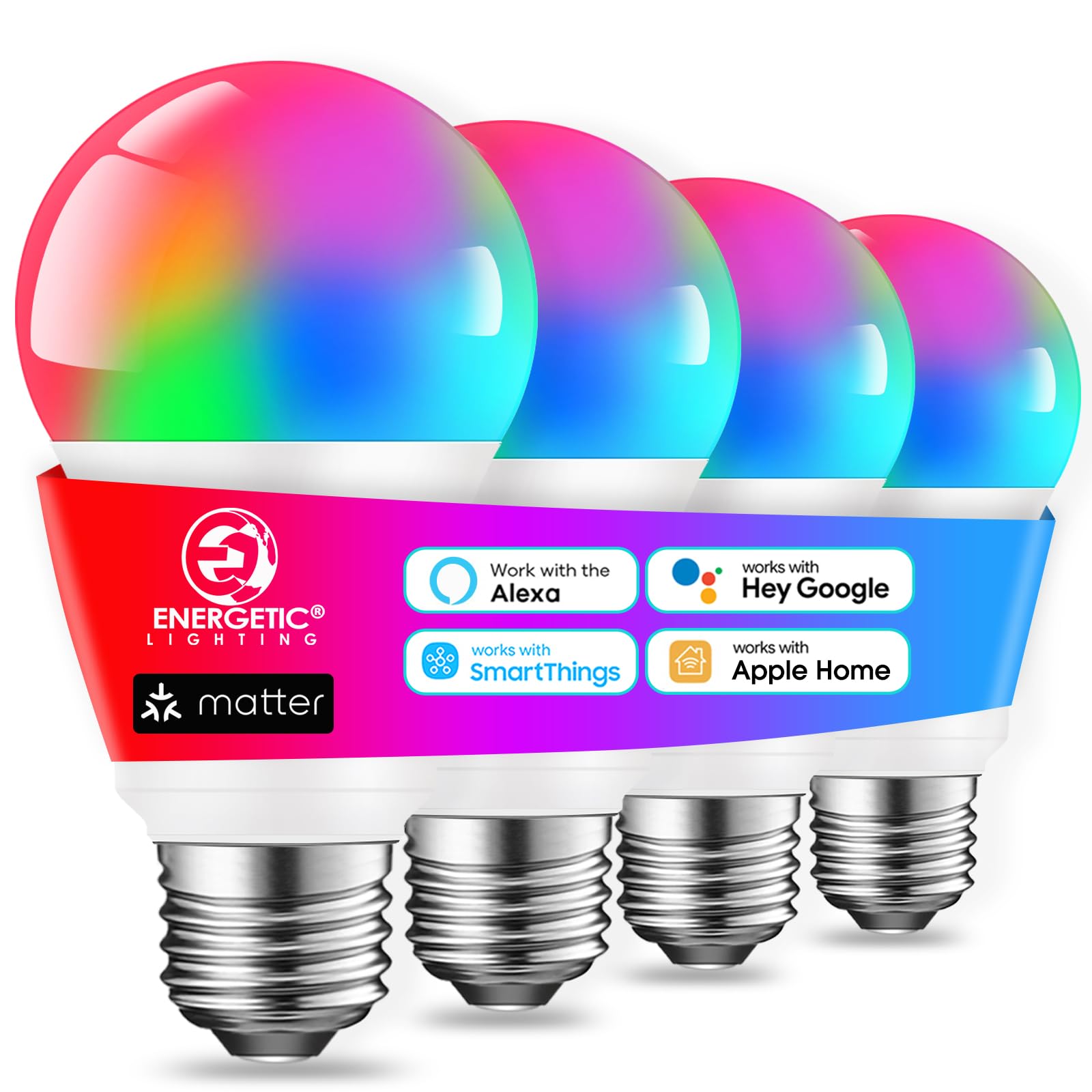 Photo 1 of Energetic Matter LED Smart Light Bulb Color Changing, RGB & 2700K-6500K Dimmable A19 60W Equivalent, App & Voice Control, Compatible with Alexa, Google Home, HomeKit, Smart Things, 4 Pack