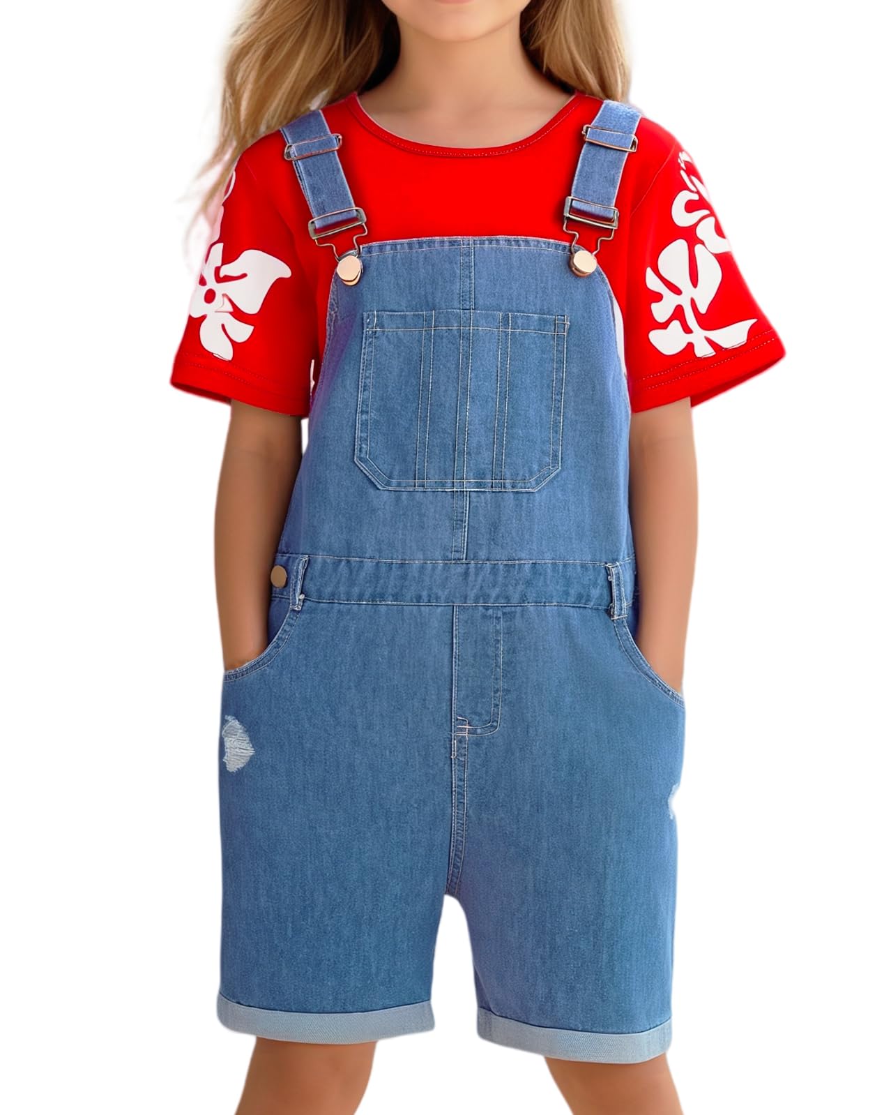 Lilo Costume Girls Hawaiian Floral Tee & Denim Overall Shorts Set ...