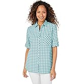Foxcroft Women's Tamra 3/4 ROLL TAB Sleeve Seersucker Gingham Blouse, Turquoise Tide, 4