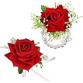 Larrel 2 Pcs Corsage and Boutonniere Set, Royal Red Corsage Wristlet Band Pearl Bracelet Wedding Flower Accessories for Men Wedding Prom Party Suit Decoration