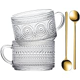 WHJY Vintage Glass Coffee Mugs with Spoon, Set of 2 espresso ribbed glass coffee cup,Embossed Tea Cups, Esthetic Tea Cups for Cappuccino, Latte, Hot Beverages, 14 oz