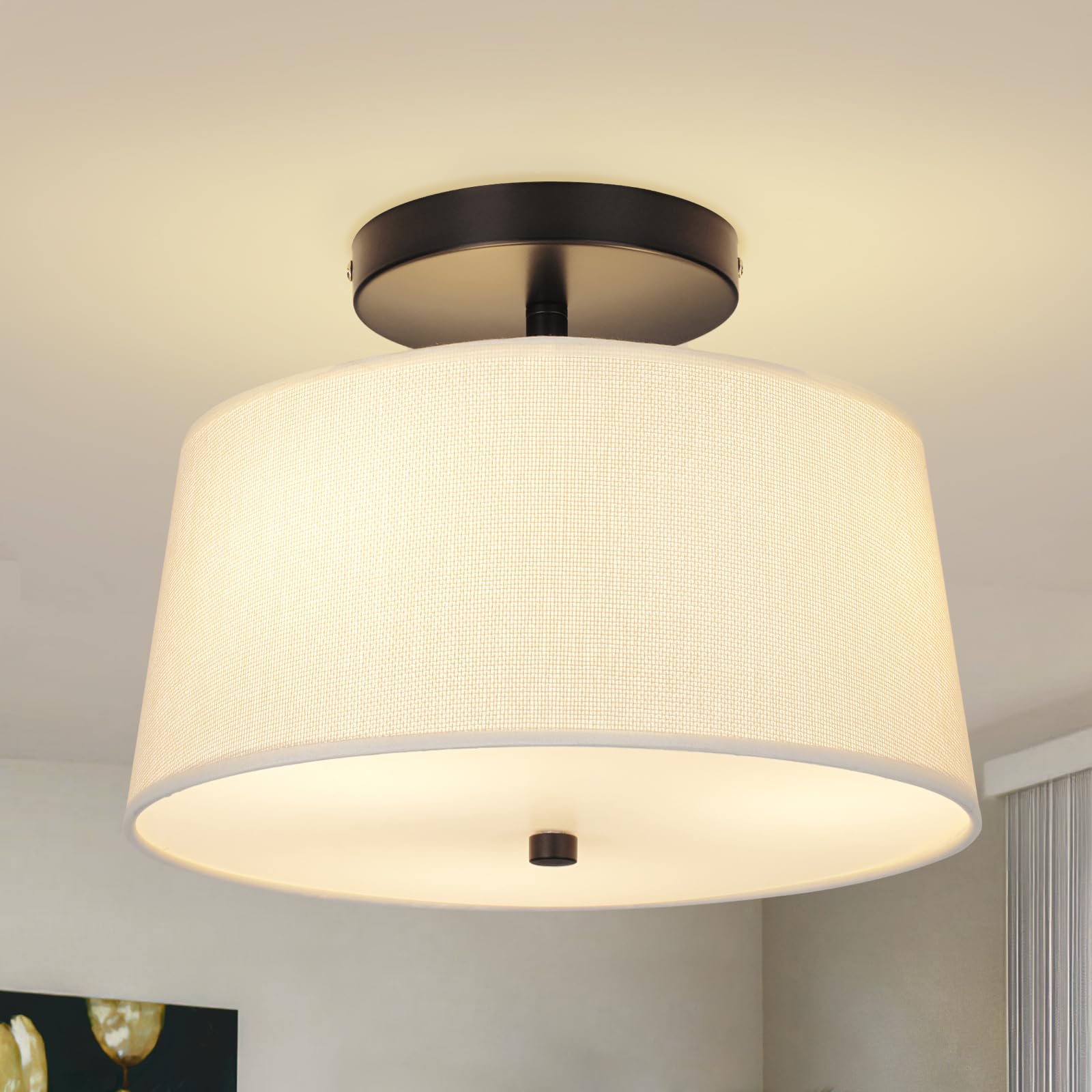 Photo 1 of JIWUZHI 12.6" Semi Flush Mount Ceiling Light Fixtures,3-Light Drum Light,Modern Close to Ceiling Light with White Shade,Light Fixtures Ceiling Mount for Bedroom,Dinning Room,Nursery, Kitchen