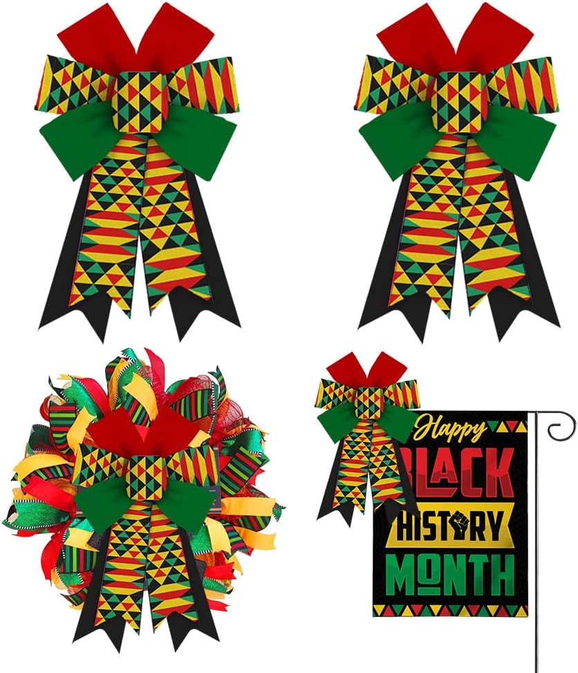 Bows & Ribbons - 2pcs Juneteenth Wreath Bow, Black History Month Bow Kwanzaa Bow for Wreath African American Red Green Black Decoration Bows for Front Door Emancipation Day Burlap Tree Bows for Indoor Outdoor Decor