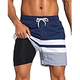 SILKWORLD Mens Swim Trunks with Compression Liner 2 in 1 Quick Dry Bathing Suit Beach Shorts with Zipper Pockets