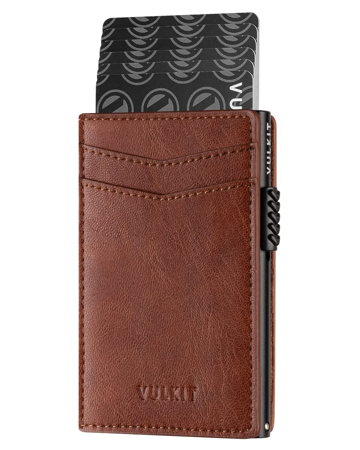 VULKIT Credit Card Holder Leather RFID Blocking Automatic Business Card Holder for Cards and Banknotes, Caramel Crunch, Taille Unique, Minimalist