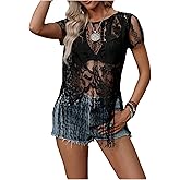 SweatyRocks Women's Sheer Lace Tops Short Sleeve Fringe See Through Blouse Crewneck Sexy Western Top