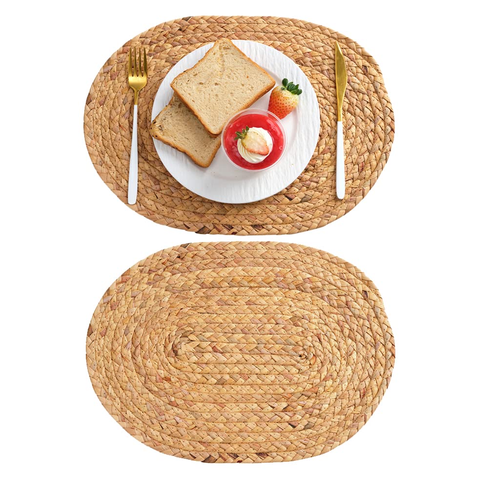 Large Oval Woven Placemats, 30 x 40cm 2 Pack Natural Water Hyacinth Kitchen Dinning Table Mats, Rustic Boho Heat Resistant Non-Slip Mats Heat-Resistant Braided Farmhouse Placemats