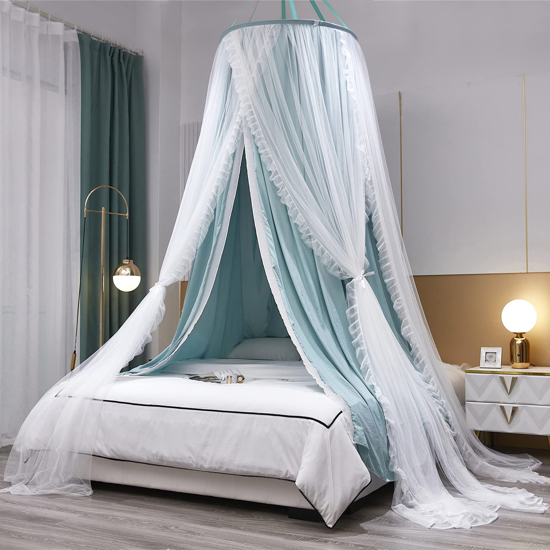 Photo 1 of VETHIN Double Layer Princess Round Dome Canopy Bed Curtain for Girls Adults,Children Dreamy Mosquito Net,Cute Bedroom Decoration Castle Play Tent Reading Nook Canopies (Dome-Green/White)