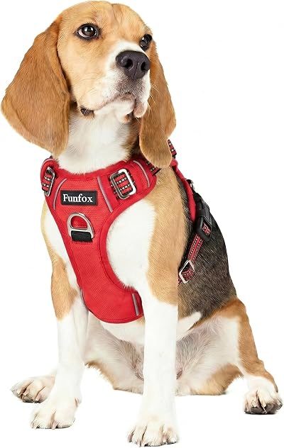 Funfox Dog Harness Medium No Pull Front Clip Back Clip Reflective Red M