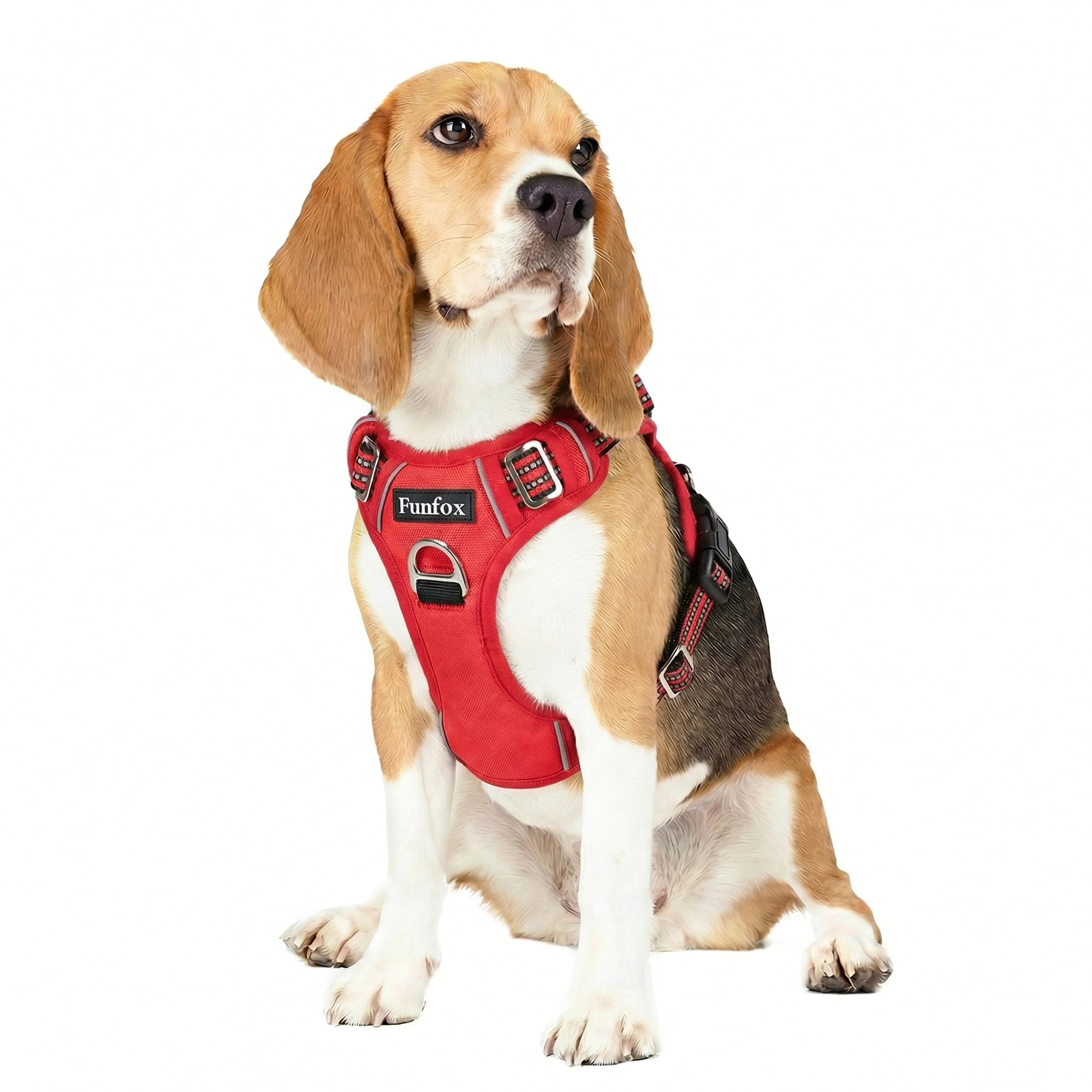 Funfox Dog Harness Medium, No Pull Harness with Front Clip & Vertical Handle, Adjustable Anti Pull Padded Pet Vest, Reflective Night Walking Size for Small Medium Large Breed, Red M