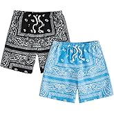 Floerns Boy's 2 Pcs Bandana Shorts Boho Paisley Graphic Print Drawstring Waist Summer Beach Drip Shorts with Pockets