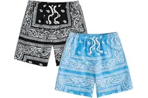 Floerns Boy's 2 Pcs Bandana Shorts Boho Paisley Graphic Print Drawstring Waist Summer Beach Drip Shorts with Pockets
