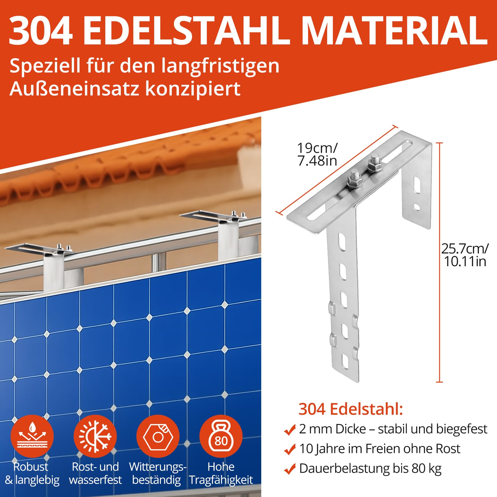 GETLITOOL 4×Solar Balkonkraftwerk Halterung 65-190MM Verstellbare Balkonhalterung für Solarmodule, Edelstahl 304 Balkon Haken Set, Solarpanel Halterung Kein Bohren zur Runde Eckig Balkongelände 2