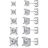 Gemsme 5 Pairs Princess Cut Cubic Zirconia Stud Earrings for Women/Men - 18K Gold Plated Hypoallergenic 3-7mm Square Clear CZ Earring Set
