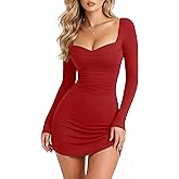 BEAGIMEG Women's Sexy Bodycon Long Sleeves A-line Sweetheart Neck Ruched Club Party Mini Dress