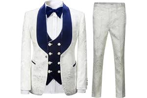 pbyoulna Men's Paisley Jacquard Tuxedo, One Button Shawl Lapel 3 Piece Suit