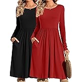 Riyiper 2 Pack Casual Dresses Women Fall Winter 2025, Long Sleeve Loose Fit Pleated Swing Dress with Pockets Knee Length