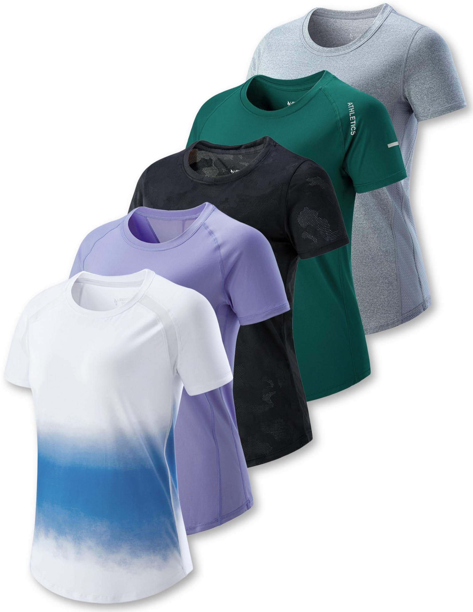 Photo 1 of 5 Pack: Women's Dry Fit Short Sleeve T Shirts, Athletic Workout Tee Tops for Gym Yoga Running (Set 7, Medium)
