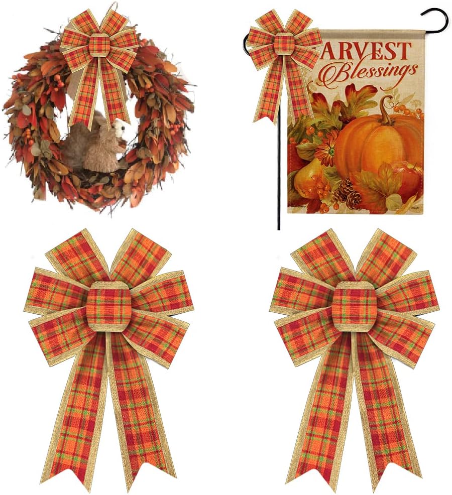 Bows & Ribbons - 2 Pieces Fall Bows for Wreath, Thanksgiving Wreath Bows Red Orange Buffalo Plaid Bows Autumn Burlap Bows Holiday Decorative Bows for Front Door Fall Thanksgiving Day Decorations