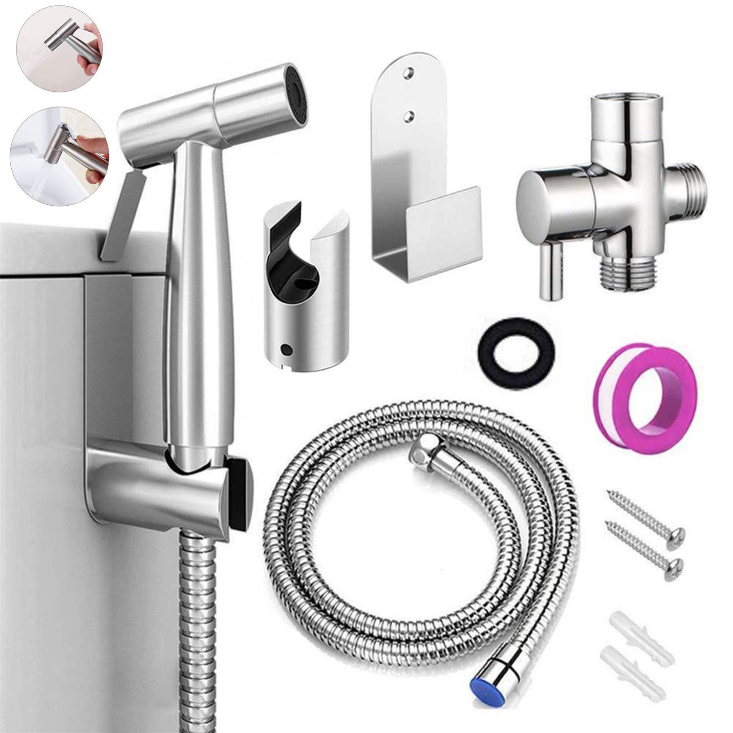 TourKing Hand-held Bidet Sprayer Set, Stainless Steel Toilet Shattaf Cloth Diaper Sprayer with Anti-leaking Hose and Pet Dog Bath,Bathroom Cleaning and Personal Hygiene