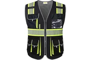 PACIFIC PPE 10 Pockets Safety Vest for Men, 3M High Visibility Reflective Strips Construction Mesh Fabric Cushioned Collar Wo