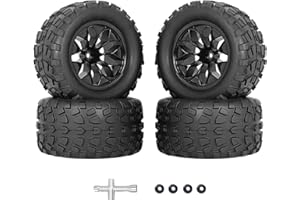 RCMOXETO 12mm Hex RC Tires and Wheels 1/10 Scale RC Truck Buggy Tires PreGlued RC Tires and Rims with Foam Inserts for Traxxas Rustler VXL Stampede Redcat Volcano EPX Pro Blackout XTE Etc 4PCS