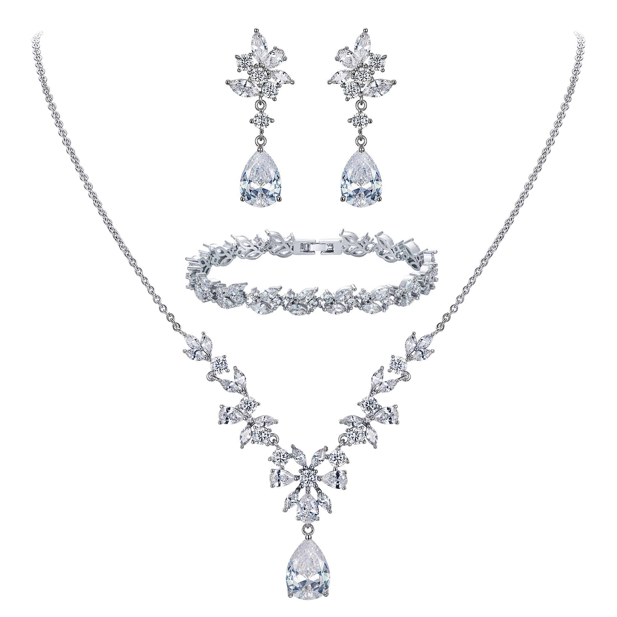 Clearine Wedding Cubic Zirconia Jewellery Set for Brides Bridesmaids, Teardrop Pendant Necklace Tennis Bracelet Chandelier Leaf Dangle Earrings for Women Clear Silver-Tone