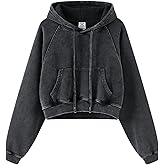 Wyeysyt Cropped Hoodies for Women Acid Wash Sweatshirt Fleece Lined Oversized Vintage Athletic Pullover
