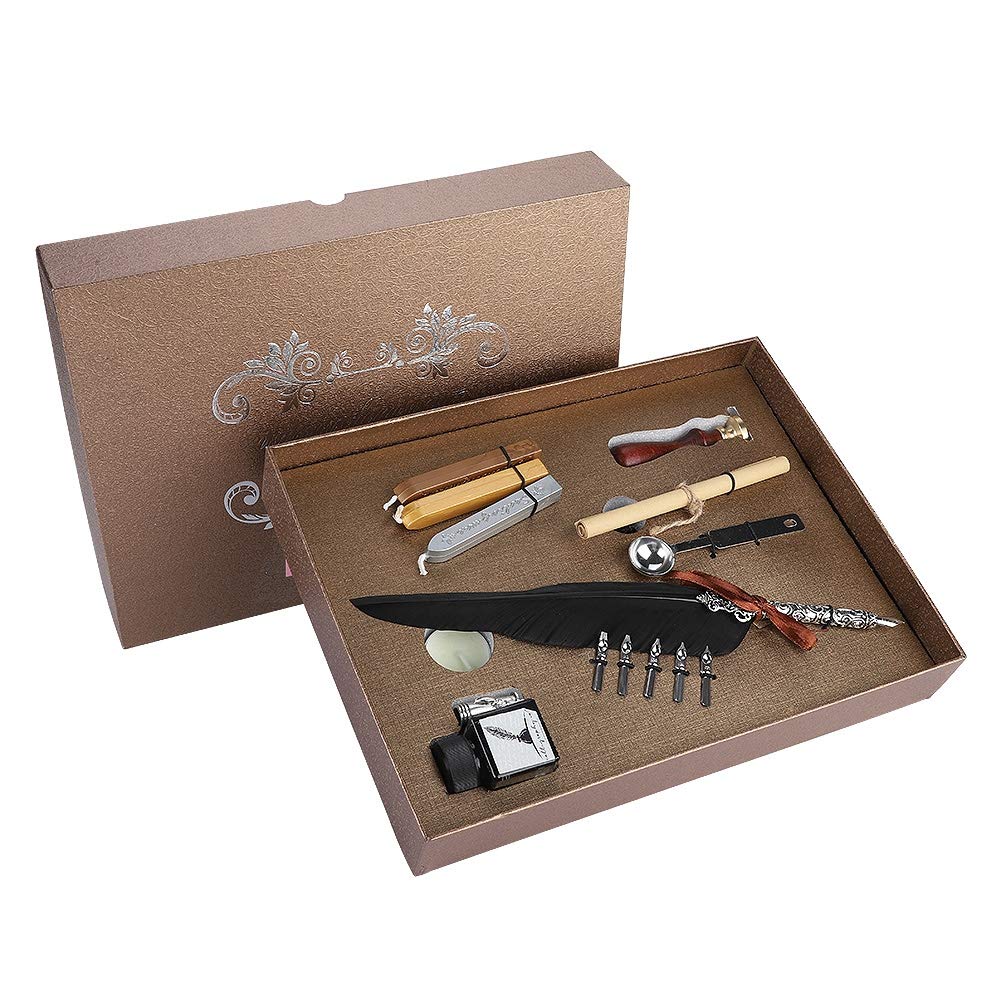 VBESTLIFE Quill Writing Pen, Vintage Retro Calligraphy Feather Dip Pen with 5 Nibs, Wax and Empty Ink Bottle Stationery Gift Box Set(Black)