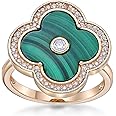 Lavari Jewelers Four Leaf Clover Flower Ring for Women - Black Onyx Green Malachite or Mother of Pearl & Cubic Zirconia in 925 Sterling Silver - Hypoallergenic Rhodium Plated - Halo Ring Size 5 to 10