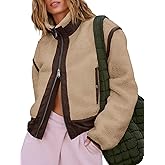 Tankaneo Womens Cropped Zip Up Fleece Jacket Stand Collar Fuzzy Sherpa Coat Winter Color Block Teddy Outerwear