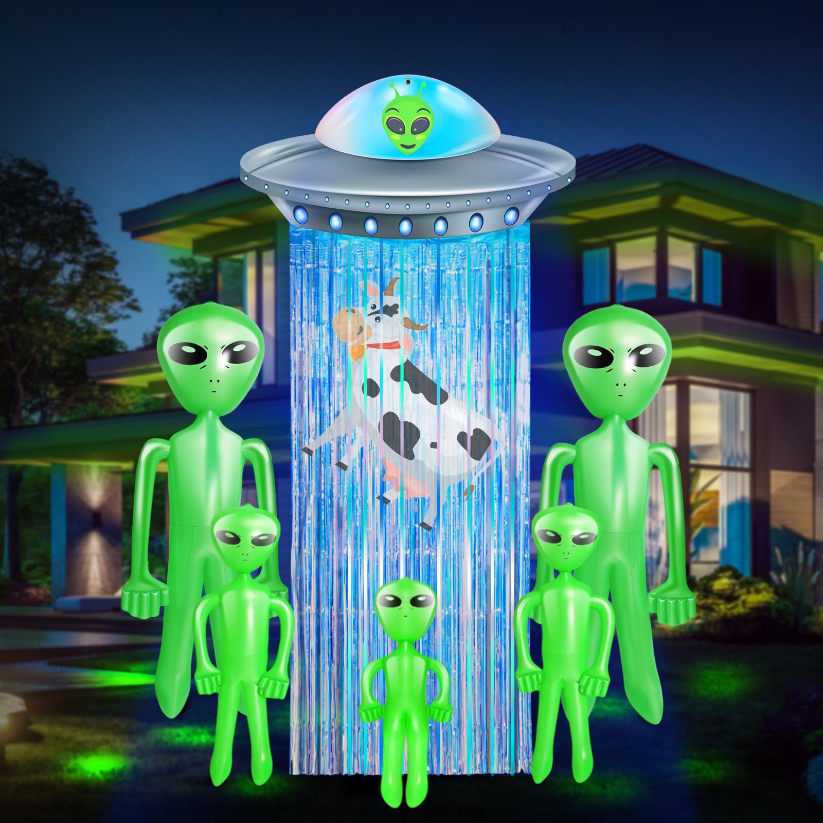 Photo 1 of Simgoing 6 Pcs Alien Birthday Party Decorations Set Alien Door Curtains with Tinsel Foil Fringe Curtain and Inflatable Aliens UFO Spacecraft Party Flying Saucer Spaceship Hanging Banner for Halloween