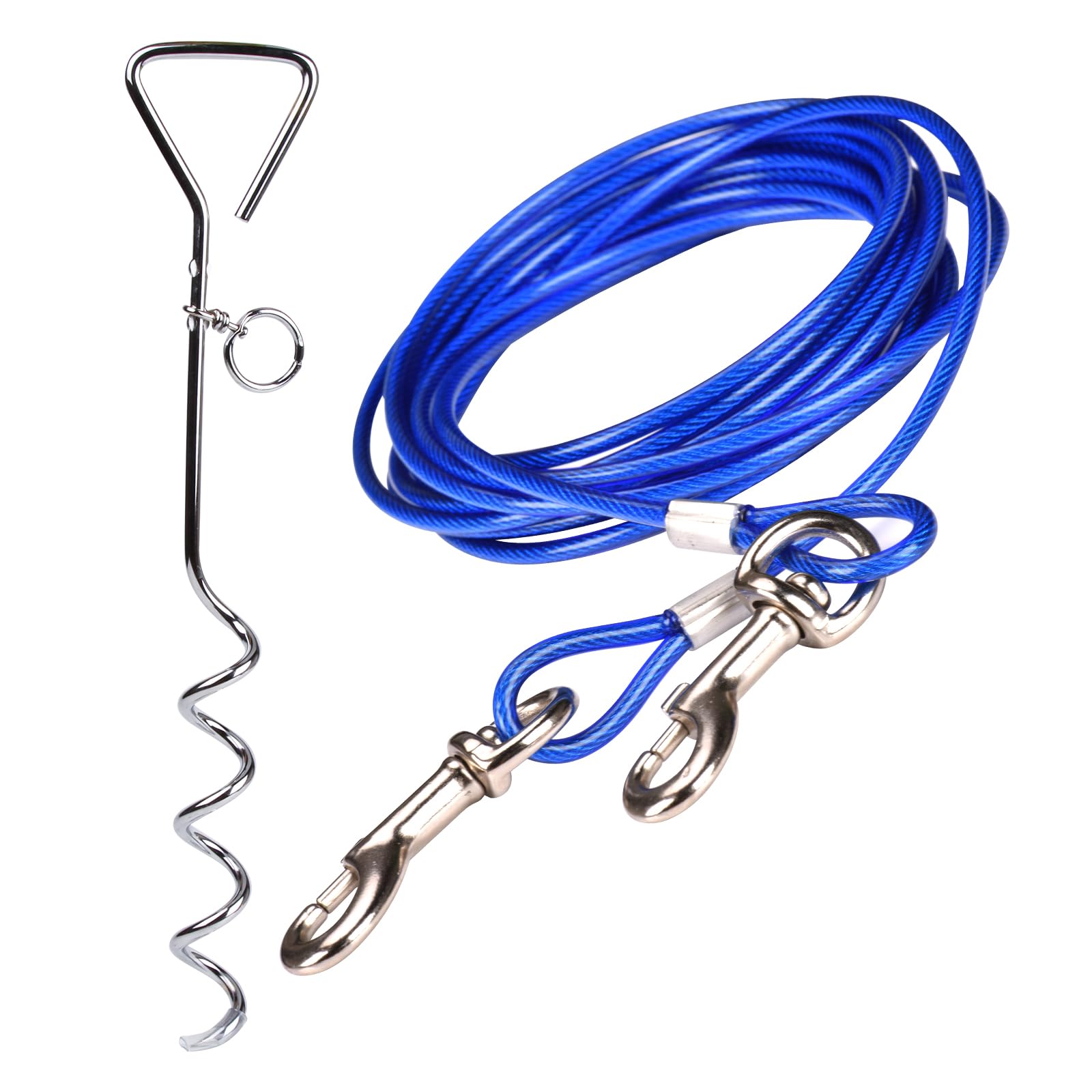 16ft(5M) Dog Tie Out Cable with 18" Spiral Ground Stake Spike - Out for Outdoor Yard and Camping - Small to Medium Dogs (16ft(5M) cable, 18" stake, Blue)