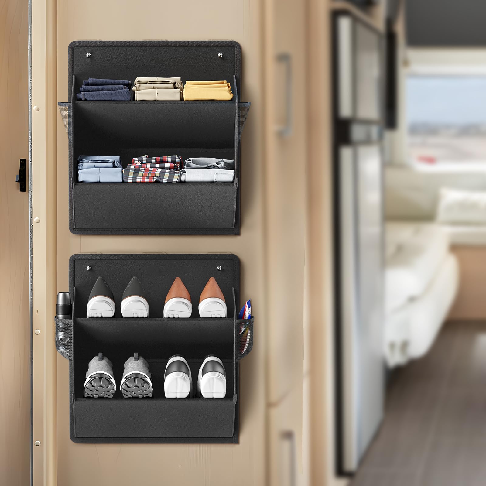 Photo 1 of DEYILIAN 2 Pack RV Shoe Storage with Sticky Adhesive Tape, Over the Door Shoe Rack, Wall Hanging Shoe Organizer with Large Deep Pockets for Camper, Narrow Space Saving Closet Organizers Black