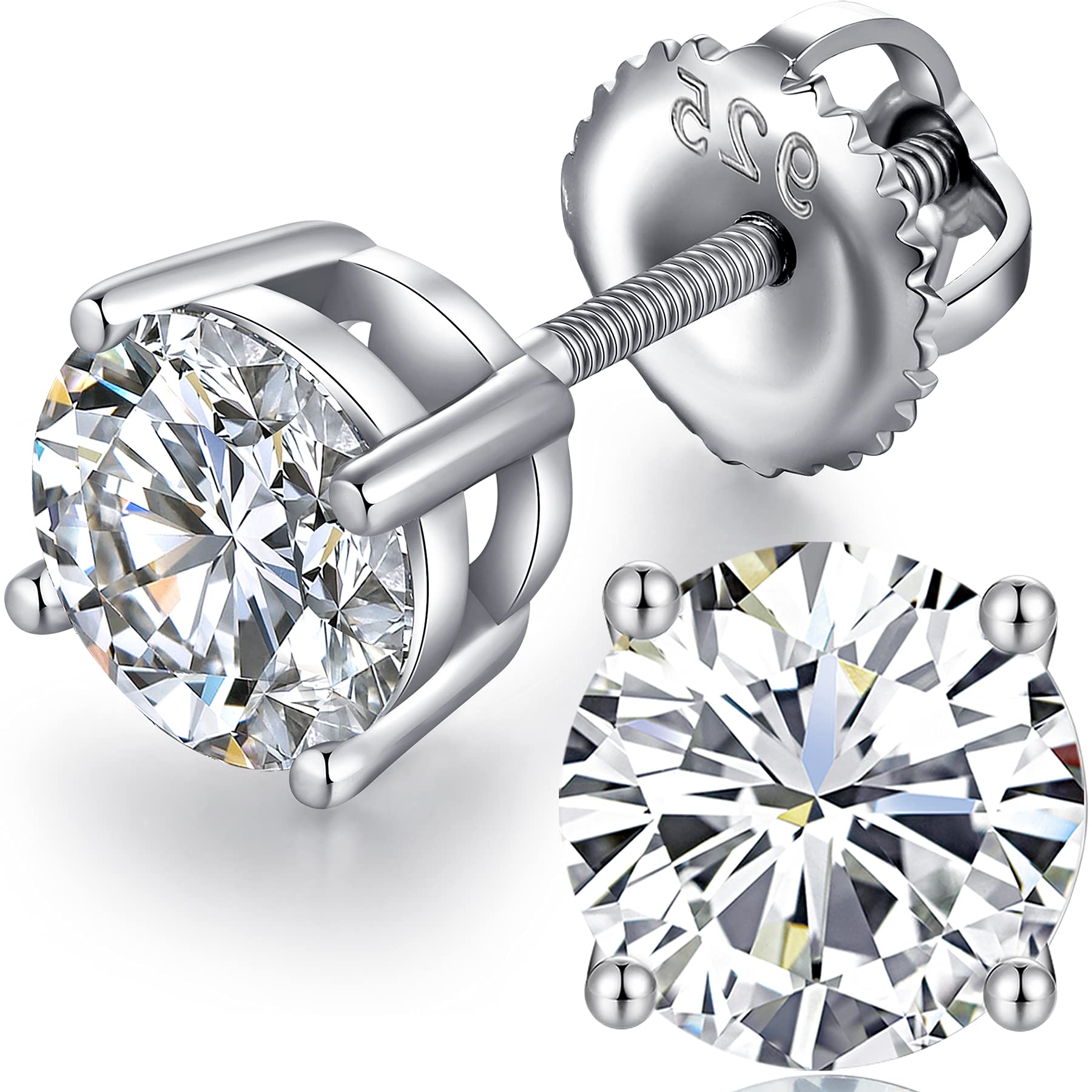 Mens Earrings Silver Diamond Studs Sterling Silver Stud Diamond Earring for Women Men Cubic Zirconia CZ Screw Earrings 4mm
