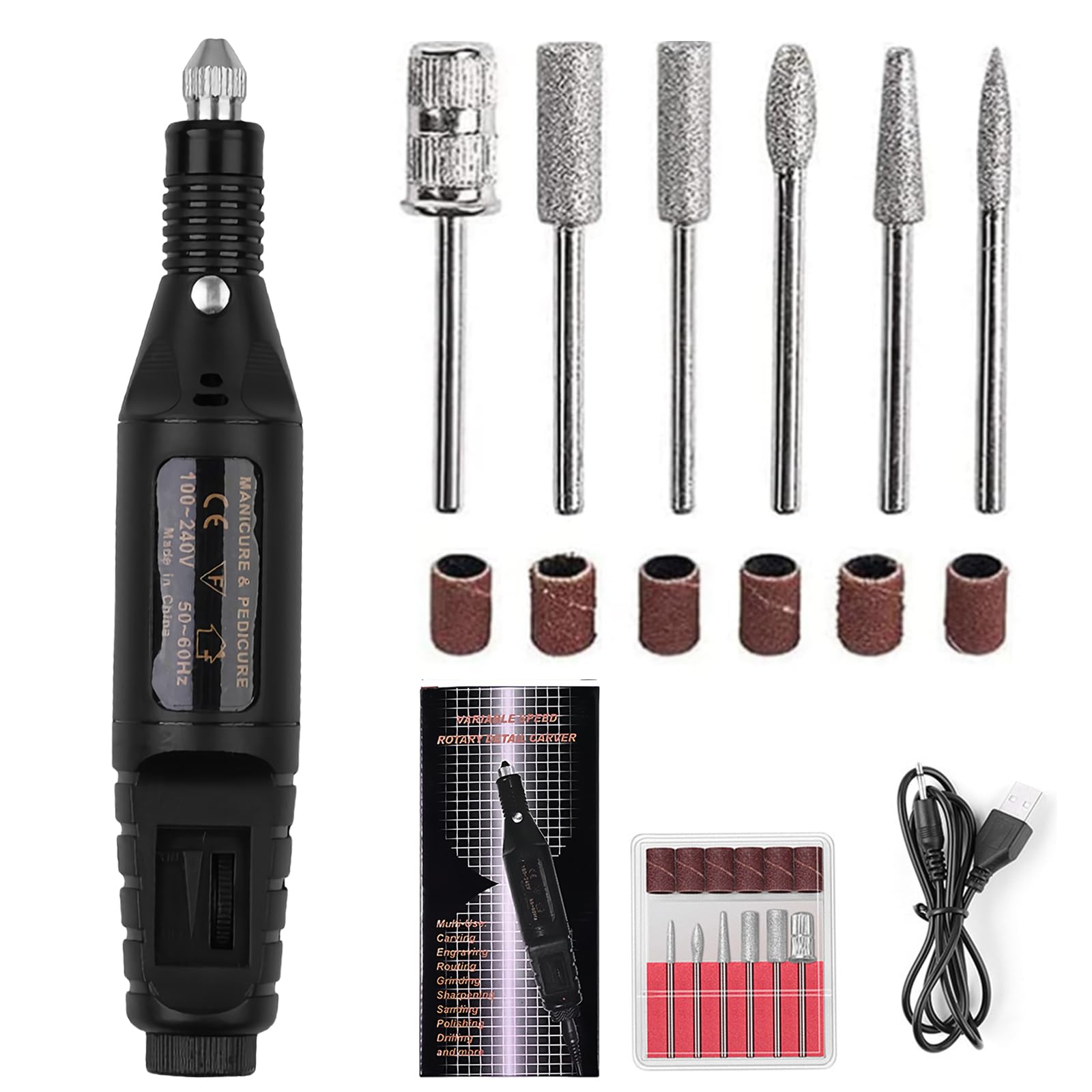 Electric Nail Files, Professional Electric Nail Drill for Gel Nails, Electric Nail File for Thick Toe Nails Adjustable Speed with 6 Drill Bits and Sanding Bands for Beginner Women Girls