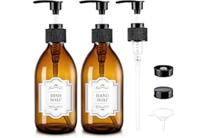 Amber Glass Soap Dispenser with Pump 8 oz, Homepicker Lotion Bottle with Pump for Body Oil, 250ml Hand and Dish Soap Dispensers Set with 1 Extra Pump, Black Caps, Labels - 2 Pack