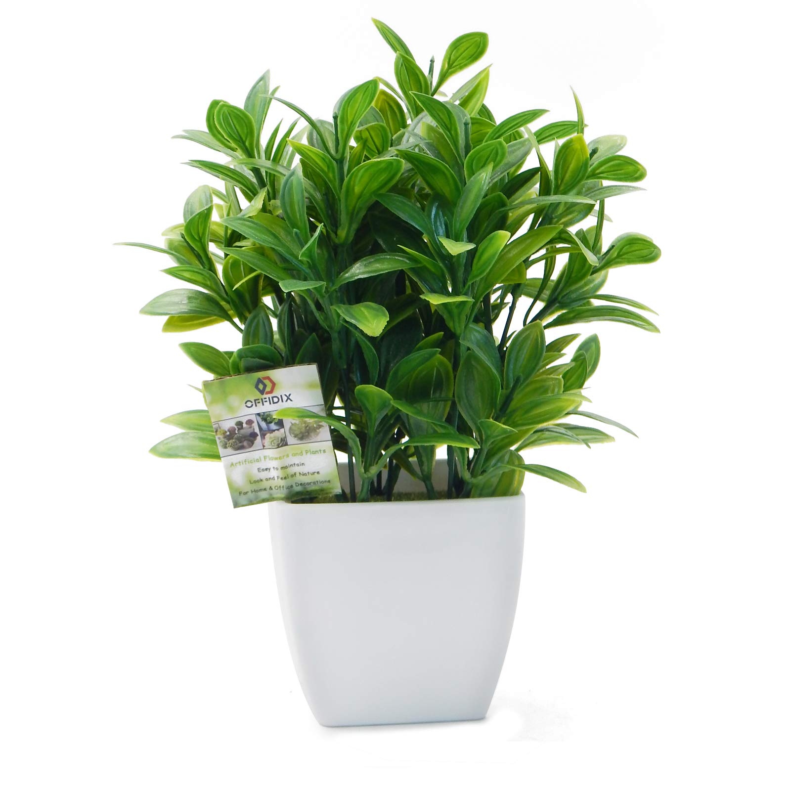 OFFIDIX Artificial Plants Mini Plastic Eucalyptus with Square Vase for Office desk, Home Faux Plastic Plants Fake Plant with Plastic Pots for Home Decoration