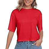PRIMODA Women's Loose Fit Cropped T Shirts Crew Neck Half Sleeve Crop Tops Tee Shirts