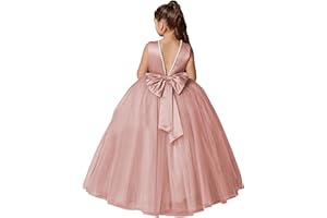 MCieloLuna Flower Girls Dresses for Wedding Satin Tulle Princess Pageant Dress Kids Pearls Prom Ball Gowns with Bow-Knot