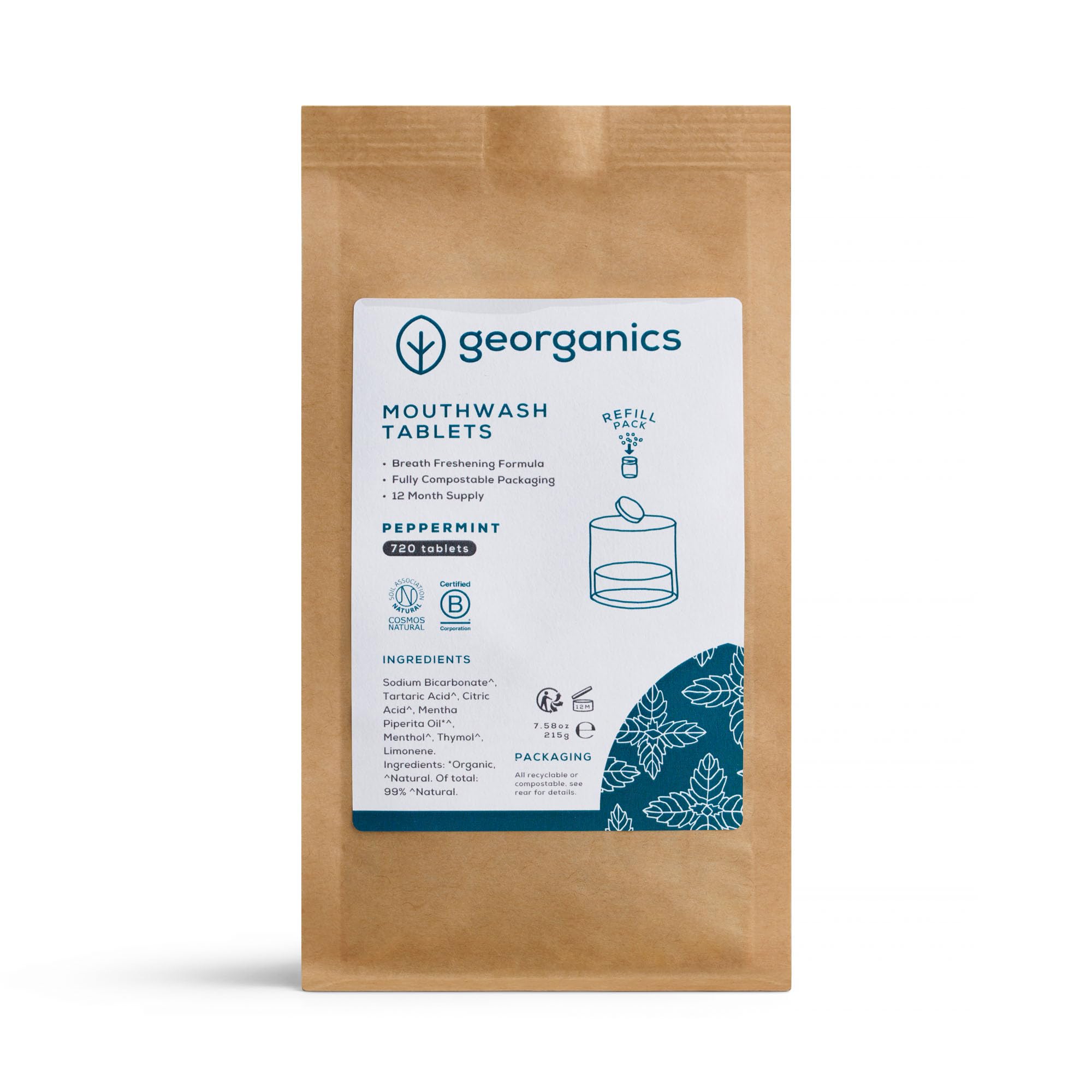 Georganics Organic Mouthwash Tablets Refill Pack - 720 Tablets - 1 Years Supply - Peppermint Flavour - for Bad Breath - SLS, Glycerine & Fluoride Free - Certified Cosmos Natural, Vegan & Cruelty Free