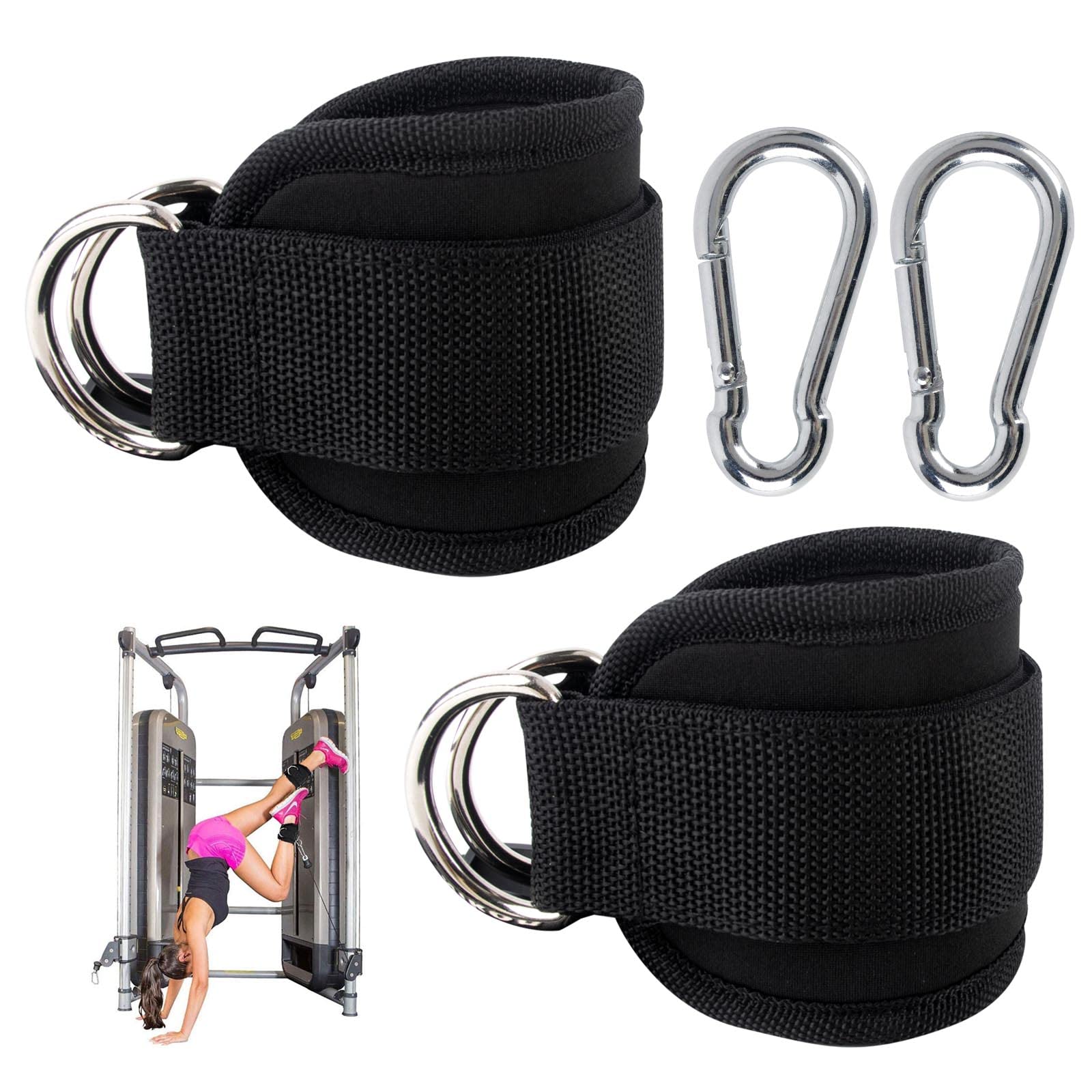 GWAWG 2Pcs Adjustable Ankle Cuff Straps for Glute Workouts Leg Extensions Lower Body Exercises, Double D-Ring Gym Attachment Padded Support with 2 Buckles
