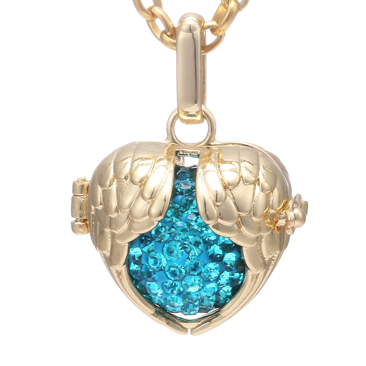Morella Women Necklace Stainless Steel Gold 70 cm 27,5" with Angel Wings Pendant with Sound Ball Zirconia Turquoise Ø 16 mm 0,63" in a Velvet Jewelry Bag