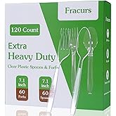 Fracurs 120 Count Extra Heavy Duty Plastic Forks and Spoons, 60 Forks and 60 Spoons, Heat Resistant & BPA Free, Clear Plastic Silverware Set, Premium Disposable Utencils for Party Everyday Supply