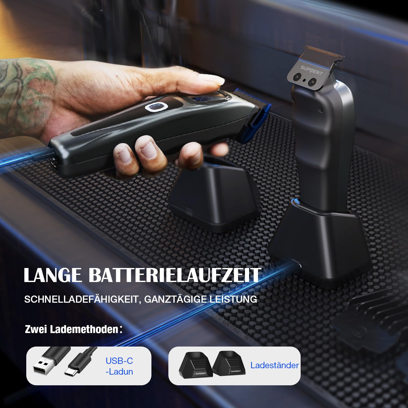 SUPRENT Haarschneidemaschine Herren Profi – Titanbeschichtete Fade-Klinge, Einstellbares Zero-Gap T-Blade, 5 Längenstufen, Magnetische Führungskämme, 2500mAh Akku & Typ-C Ladestation 5