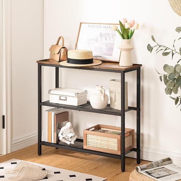 HOOBRO 29.5″ NARROW CONSOLE TABLE, 3-TIER ENTRYWAY TABLE, THIN SOFA TABLE WITH SHELVES, SIDE TABLE, DISPLAY TABLE, FOR HALLWAY, ENTRANCE, LIVING ROOM, BEDROOM, RUSTIC BROWN AND BLACK BF73XG01